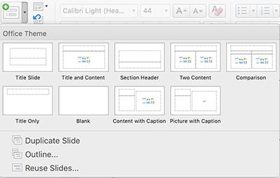 The default layouts pane in PowerPoint
