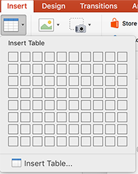 The Insert Table pane for picking the number of rows and columns in the table.