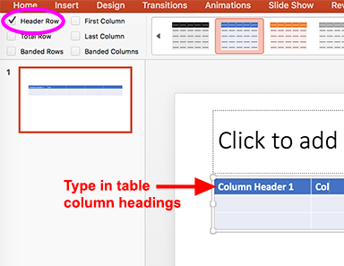 The Table Design pane with the header row checked and headers being typed into the table.
