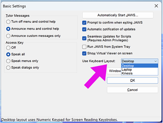 The Basic settings screen with an arrow pointing to the Use Keyboard Layout dropdown select list.