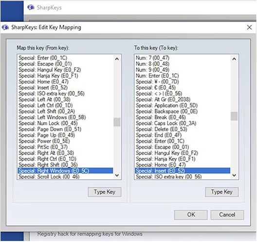 The Map From and Map To columns in the Sharpkeys application.