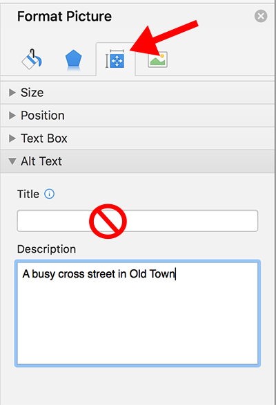 The Format Picture pane showing the Alt tag screen and the Description field for added alternative text