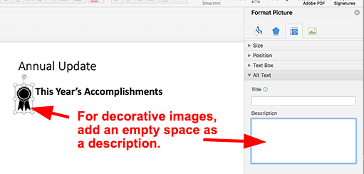 The Format Picture pane showing the Alt tag screen and the Description field with an single space in place of Alt text.