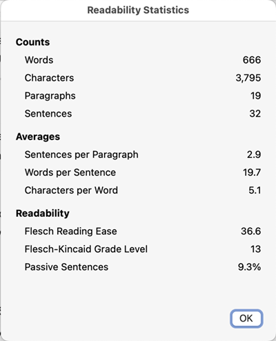 MS Word's readability statistics window