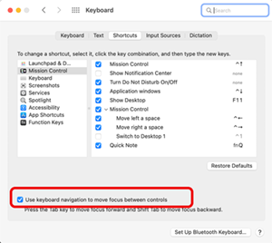 The Use keyboard navigation to move focus between controls setting in Mac System preferences