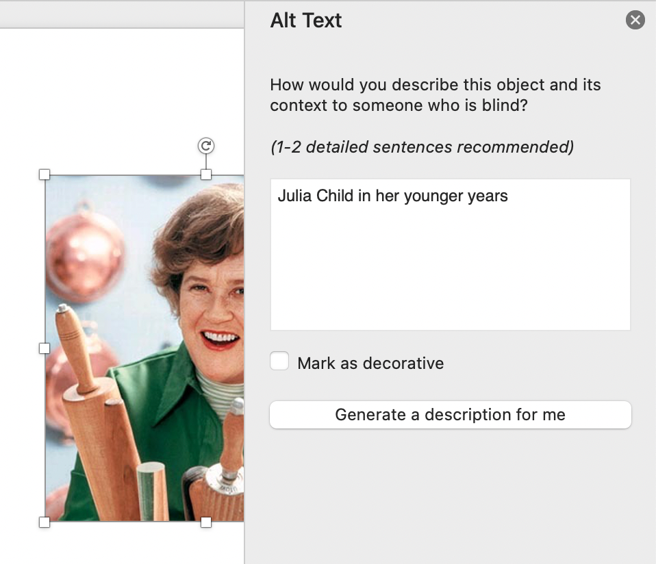 MS Word screen for adding alt text to images