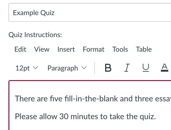 Example Quiz Instruction field