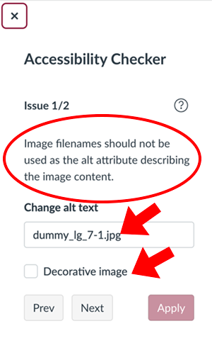 Canvas accessibility checker pane warning that an image only has a file name as its alternatuve text