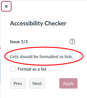 ​​Canvas accessibility checker pane warning that lists should be formatted as lists