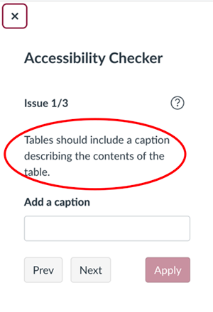Canvas accessibility checker pane warning that tables need captions