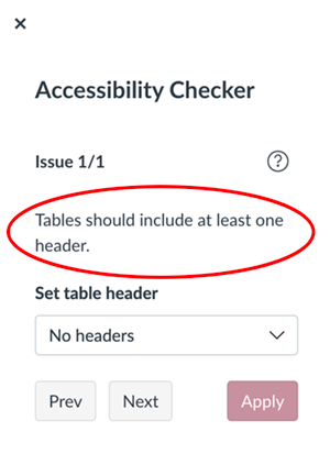 Canvas accessibility checker pane warning that tables need headers