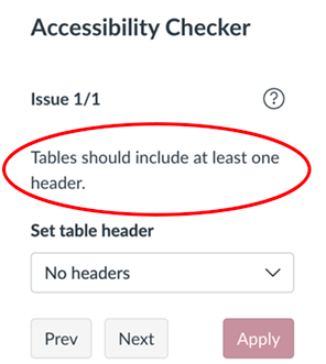 Canvas accessibility checker pane warning that a table needs a caption or headers