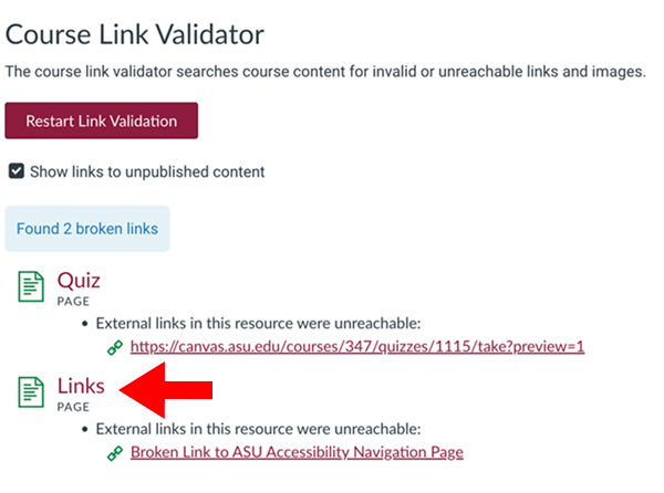 Canvas validator with list of pages with broken links