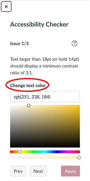 Canvas accessibility checker pane warning that color conrast is too low