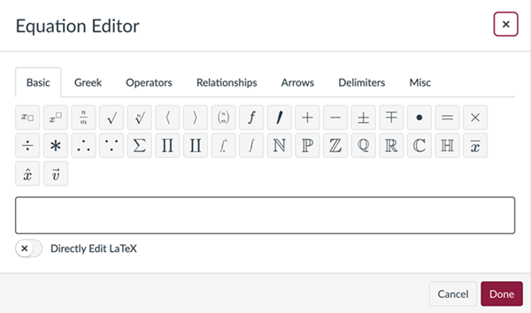 The Equation Editor pane in the Canvas Rich Content Editor