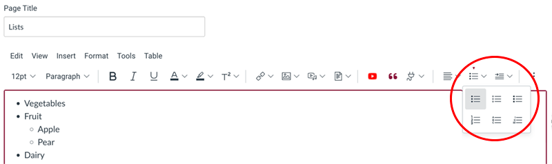 Creating an nested list in Canvas with the bulleted list button in the rich-text toolbar