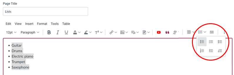 Creating an unordered list in Canvas with the bulleted list button in the rich-text toolbar