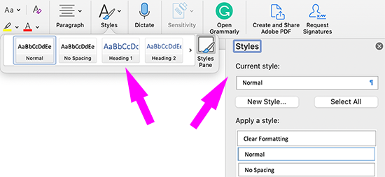 MS Word Styles pane