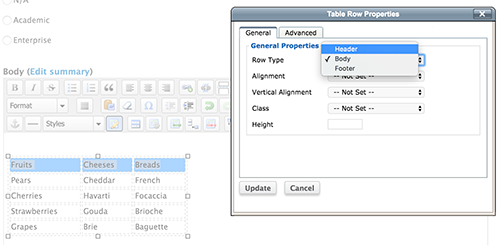 Screen for making table cells into heading cells