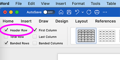 MS Word table header option